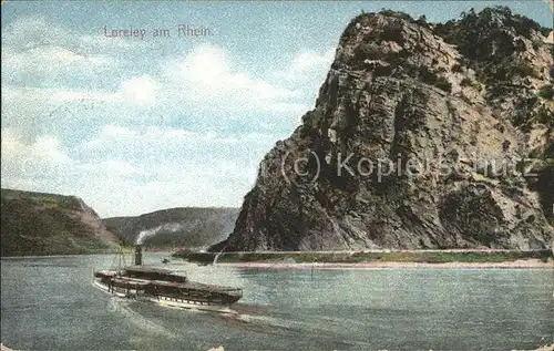 St Goarshausen Rheindampfer am Loreleyfelsen Kat. Sankt Goarshausen