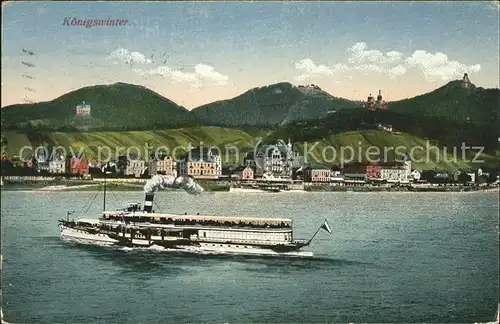 Koenigswinter mit Blick auf Drachenfels und Drachenburg Dampfschiff Kat. Koenigswinter