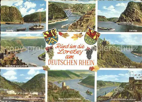 St Goarshausen Loreley Umgebung mit Loreley Felsental Burg Katz Burg Maus Burg Gutenfels mit Pfalz Festung Rheinfels Kat. Sankt Goarshausen