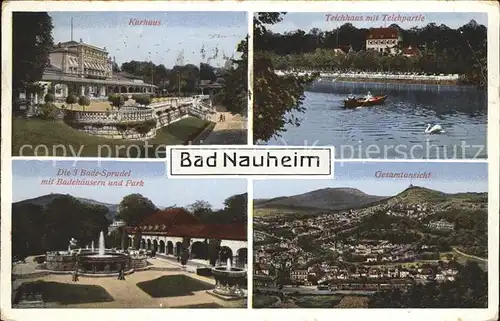 Bad Nauheim Kurhaus Teichhaus Teichpartie Die drei Badesprudel mit Badehaeusern und Park Panorama Kat. Bad Nauheim