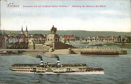 Koblenz Rhein Deutsches Eck mit Kaiser Wilhelm Denkmal Rheindampfer Kat. Koblenz