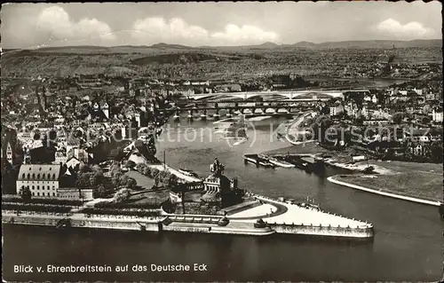 Koblenz Rhein Blick von Ehrenbreitstein auf das Deutsche Eck Kat. Koblenz
