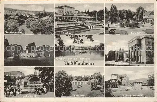 Bad Nauheim Panorama Kurhaus Sprudelhof Gr Teich mit Teichhaus Kerckhoff Institut Trinkkuranlage Ehrenmal Ludwigsbrunnen Kat. Bad Nauheim