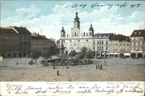 Budweis Ringplatz Rathaus Post Brunnen x