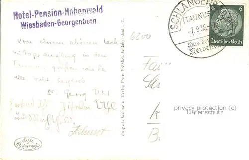 Georgenborn Hotel Pension Hohenwald (Stempel) Kat. Schlangenbad