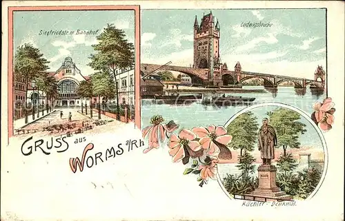 Worms Siegfriedstr mit Bahnhof Ludwigsbruecke Kuechlerdenkmal Kat. Worms