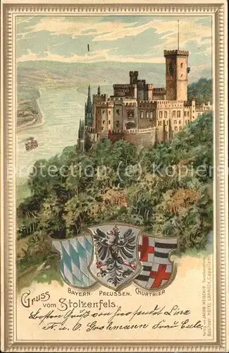 Stolzenfels Burg Stolzenfels mit Wappen von Bayern Preussen und Churtrier Kat. Koblenz