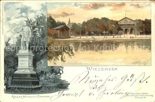 Wiesbaden Kaiser Wilhelm Denkmal Kurhaus mit Weiher Kat. Wiesbaden