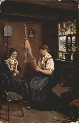 Spinnen Handwerk Spindel Maedchen Trachten Kuenstler H. Hoffmann / Handwerk /