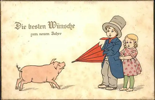 Schweine Neujahr Kinder Zylinder Regenschirm Kat. Tiere