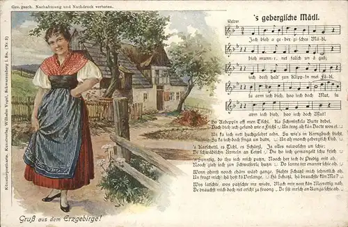 Liederkarte Nr. 3 s gebergliche Maedl Erzgebirge Tracht  Kat. Musik