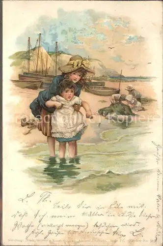 Kuenstlerkarte Kinder Meer Segelboote Fischerei / Kuenstlerkarte /