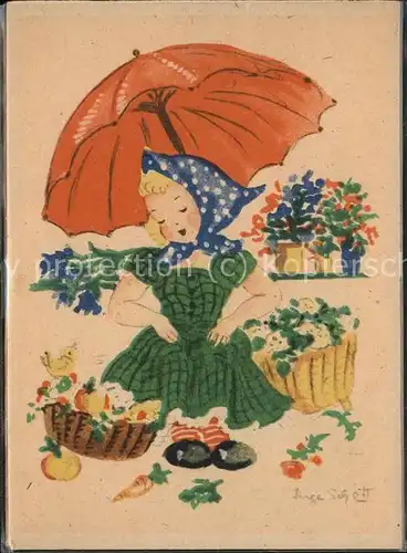 Kuenstlerkarte Inge Schott Regenschirm Blumen / Kuenstlerkarte /