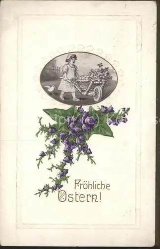 Ostern Easter Paques Schubkarre Kind Kueken Blumen / Greetings /