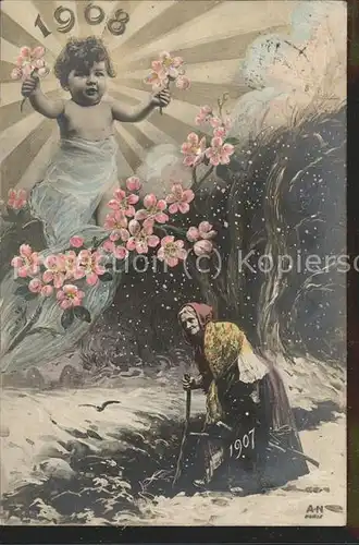 Engel alte Frau Blumen Neujahr Baeuerin / Religion /