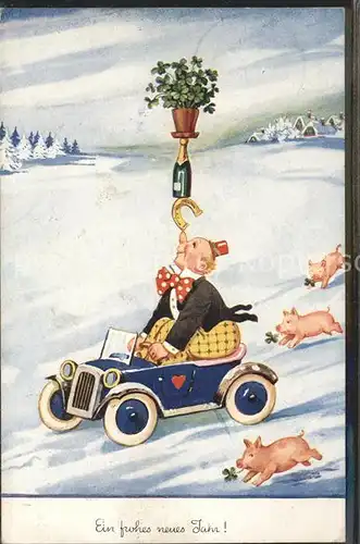 Neujahr Humor Auto Schwein Kleeblatt Clown / Greetings /