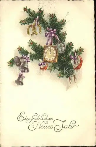 Neujahr Hufeisen Glocken Uhr Pilze Glueck Kat. Greetings
