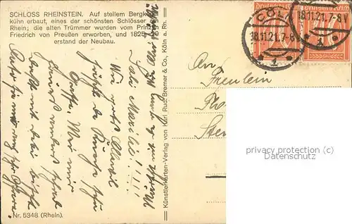 Schloesser Schloss Rheinstein Kuenstlerkarte Rhein Nr. 5348 Kat. Gebaeude