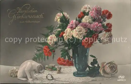 Blumen Geburtstag Porzelan Hund Nelken Kat. Pflanzen