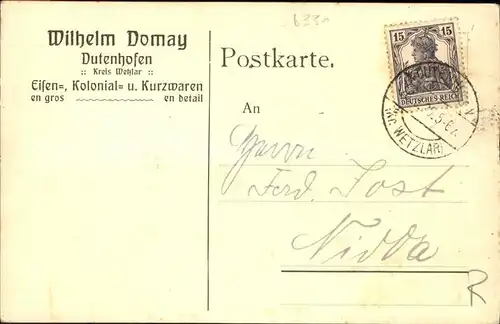 Dutenhofen Wetzlar Wilhelm Domay Eisen Kolonial  und Kurzwaren Kat. Wetzlar