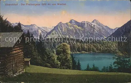 Oberstdorf Freibergsee mit Huette und Alpen Kat. Oberstdorf