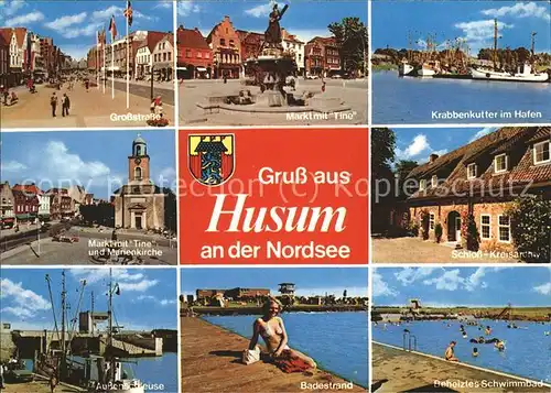 Husum Nordfriesland Grossstr Markt mit Tine und Marienkirche Krabbenkutter Schloss Kreisarchiv Aussenschleuse Beh Schwimmbad / Husum /Nordfriesland LKR
