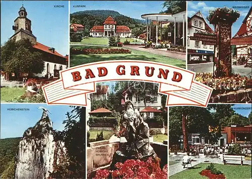 Bad Grund Harz Kirche Kurpark Wegweiser Huebichensten Zwerg Huebich Brunnen Kurkonzert Kat. Bad Grund (Harz)