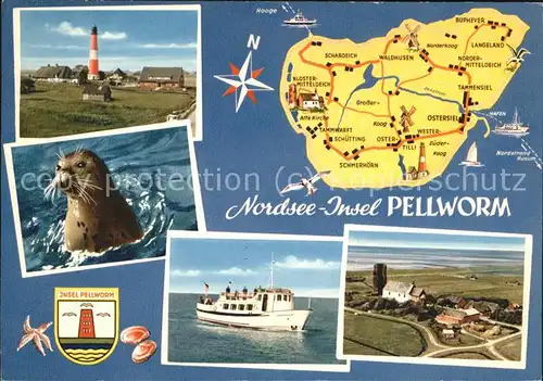 Pellworm uebersichtskarte Leuchtturm Seehund Motorboot Inselblick Kat. Pellworm