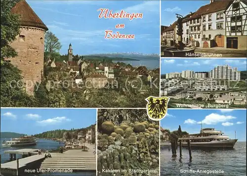 ueberlingen Bodensee Stadtblick Haenselebrunnen Burgberg Uferpromenade Stadtgarten Schiffs Anlegestelle Kat. ueberlingen