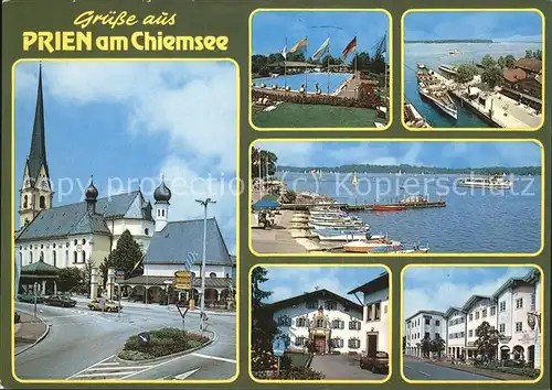 Prien Chiemsee Ortsblick Kirche Schwimmbad Hafen Bootsanleger Kat. Prien a.Chiemsee
