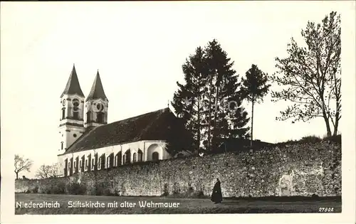 Niederalteich Donau Stiftskirche mit alter Wehrmauer Kat. Niederalteich