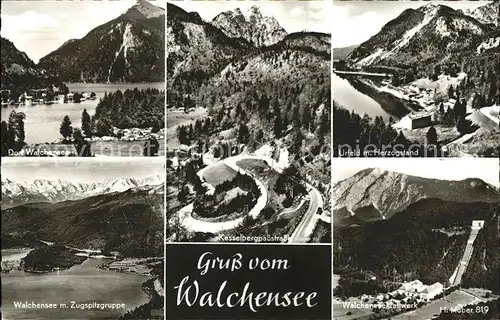 Walchensee Panorama mit Zugspitzgruppe Kesselbergpass Strasse Gebirgspass Urfeld Herzogstand Kraftwerk Kat. Kochel a.See