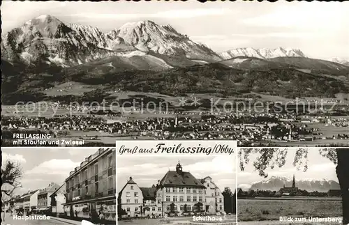 Freilassing Panorama mit Staufen und Zwiesel Hauptstrasse Schulhaus Untersberg Kat. Freilassing