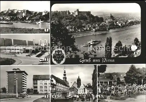 Pirna Ortsblick Elbe Sonnenstein Obermarkt Geibeltbad Elbeschiff Kat. Pirna