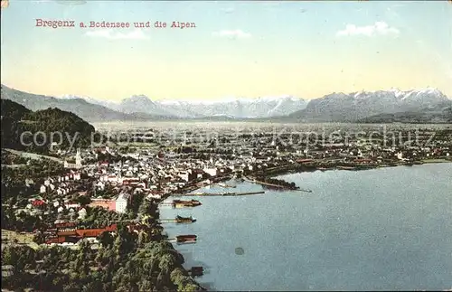 Bregenz Vorarlberg Panorama mit Schweizer Bergen Bodensee Hafen Kat. Bregenz