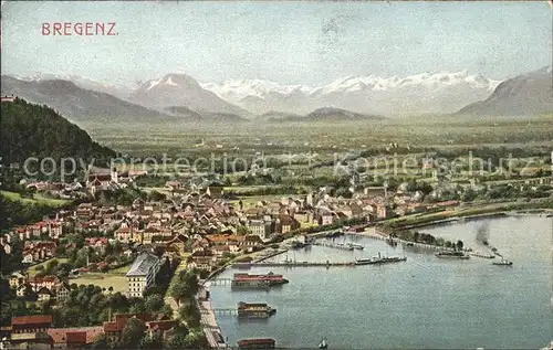 Bregenz Vorarlberg Panorama mit Schweizer Bergen Bodensee Hafen Kat. Bregenz