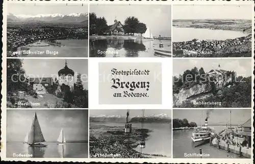 Bregenz Vorarlberg Bodensee Segelboot Schweizer Berge Sporthaus Martinturm Lochau Gebhartsberg Schiffstation Pfaenderbahn Bergbahn Kat. Bregenz