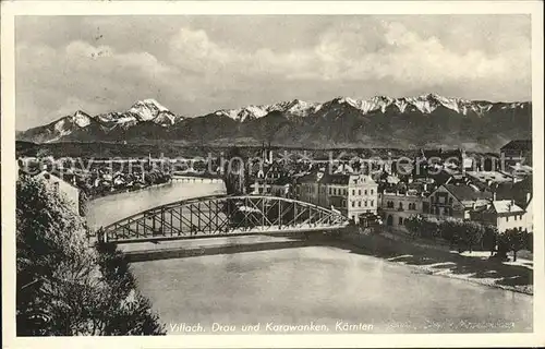 Villach Kaernten Drau Bruecke Blick zu den Karawanken Kat. Villach