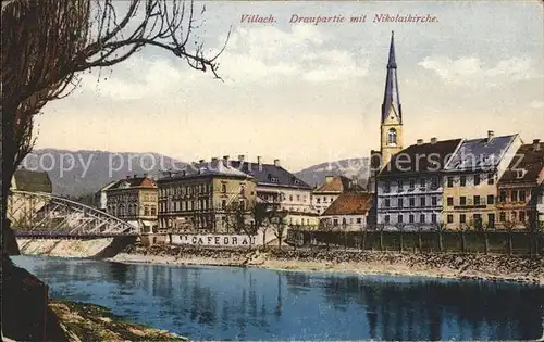 Villach Kaernten Partie an der Drau Nikolaikirche Kat. Villach