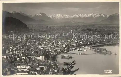 Bregenz Vorarlberg Panorama Rheintal mit Schweizer Bergen Bodensee Hafen Kat. Bregenz