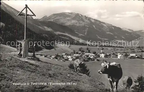 Tannheim Tirol Panorama mit Wannenjoch Allgaeuer Alpen Wegekreuz Kuehe Kat. Tannheim