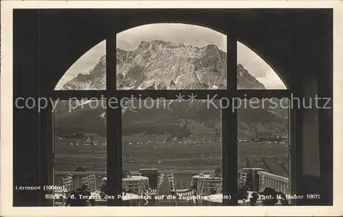 Lermoos Tirol Blick von Terrasse Hotel Post auf Zugspitze Serie "Deutsche Heimatbilder" Kat. Lermoos