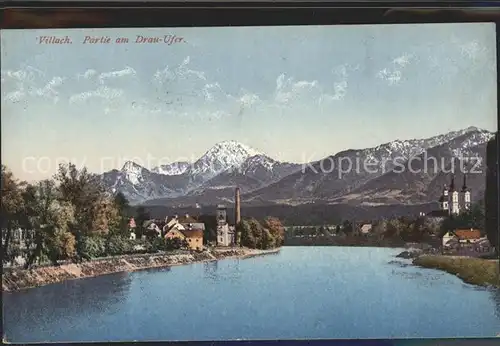 Villach Kaernten Partie an der Drau Blick gegen Heilig Kreuz Kirche Kat. Villach