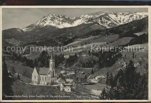 Prein Rax Ortsansicht mit Kirche und Alpen Kat. Reichenau an der Rax