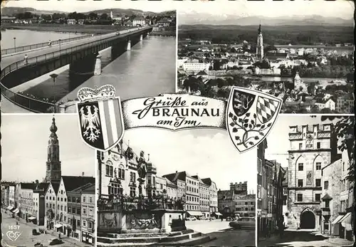 Braunau Inn Oberoesterreich Bruecke Alpenpanorama Kirche Brunnen Tor Wappen Kat. Braunau am Inn