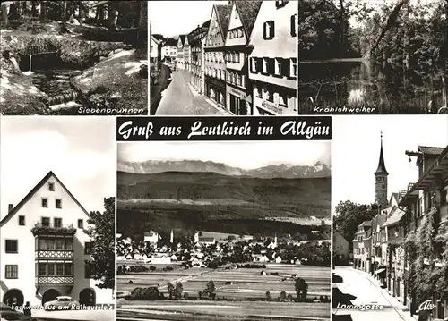 Leutkirch Siebenbrunnen Kraehlohweiher Fachwerkhaus Rathausplatz Lammgasse Kirchturm Alpenpanorama Kat. Leutkirch im Allgaeu