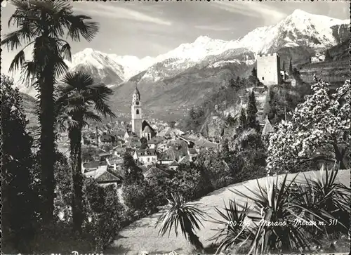 Merano Suedtirol Ansicht mit Dom und Burg Gebirgspanorama Kat. Merano