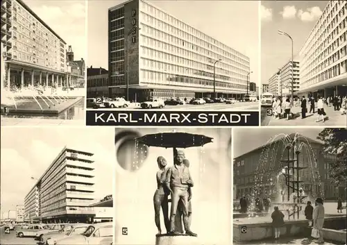 Karl Marx Stadt Partie am Rosenhof Strasse der Nationen Hauptpostamt Brunnenplastik von Johann Belz Brunnen Omnibusbahnhof Kat. Chemnitz