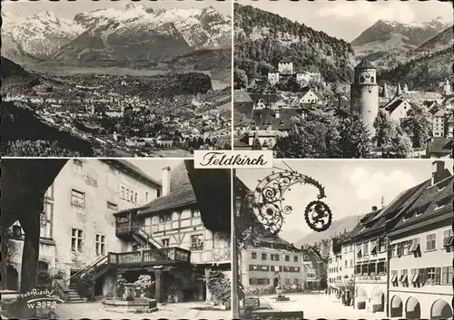 Feldkirch Vorarlberg Gesamtansicht mit Alpenpanorama Turm Hinterhof Treppe Brunnen Strassenpartie Kat. Feldkirch