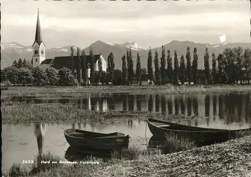 Hard Vorarlberg Uferpartie am Bodensee Boot Kirche Alpenpanorama Kat. Hard